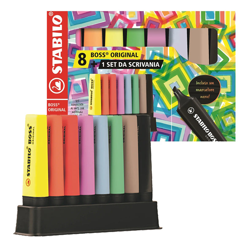 STABILO® BOSS® ORIGINAL – Deskset da 8 Evidenziatori e Marcatori (con Marcatore Nero)